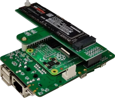 SSD and PCIe M.2 adapter plugged into the CM4 IO board in the orientation so that the adapter lays above the IO board